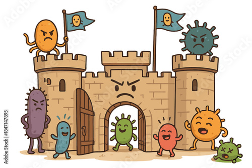 Microbial Fortress. Immune fortress with microbes guarding walls, gates opening to friendly bacteria, and invaders turned into