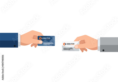 Two hands exchanging business cards in a transaction.