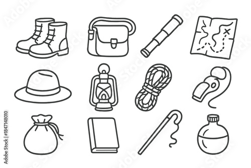 Exploration Kit Icons. Line style icons of exploration kit: leather boots, satchel, spyglass, map; hat, lantern, rope, whistle;