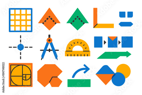 Mathematical Folding Icons. Flat vector icons of mathematical principles in folding: crease pattern grid, mountain fold symbol,