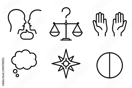 Ethical Law Icons. Line style icons of Ethical Debates in Law: two faces in dialogue, scales with question mark, open hands,