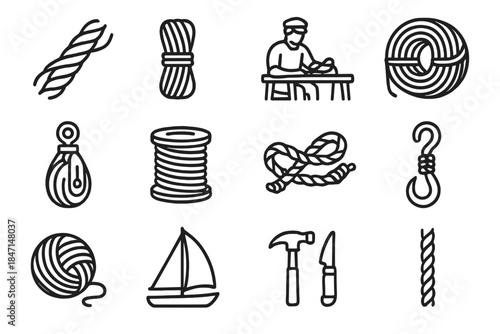 Nautical Fiber Icons. Line style icons of Nautical Fiber Art: Twisting Fibers, Hemp, Sailor's Craft, Coil; Pulley, Rope Spool,