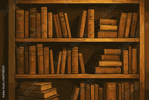 Cozy Bookshelf Glow. Atmospheric shot of a rustic bookshelf filled with old books, warm golden lighting creating a cozy vibe,