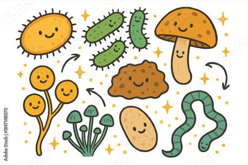 Playful Decay Organisms. Playful doodle experimental decay illustration with happy modern organisms, cartoon bacteria and fungi