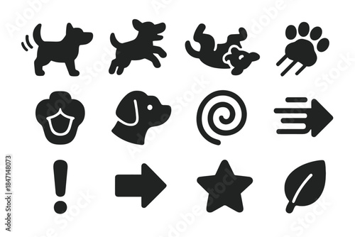 Playful Behavior Icons. Solid style icons of playful behaviors and signals: wagging tail, jumping, rolling, paw swipe, open mouth,