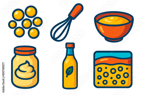 Emulsion Tools & Techniques. Isometric vector illustration set Emulsion Theory: oil droplets, whisk tool, mixing bowl, mayonnaise
