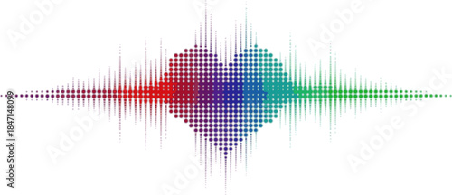 Multi colored halftone pattern from red, green, blue dots. Modern design rhythm of heart. Spectrum of sound wave, audio waveform. Abstract dotted ornament isolated on white background