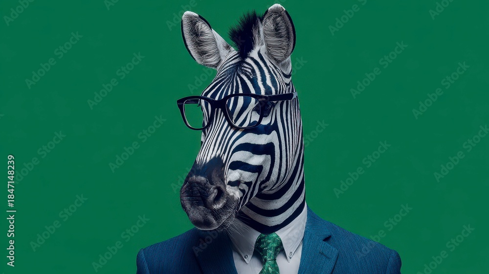 Obraz premium A zebra with human-like features glasses, suit, tie, & a formal blazer, against a vibrant green backdrop. A quirky, modern concept