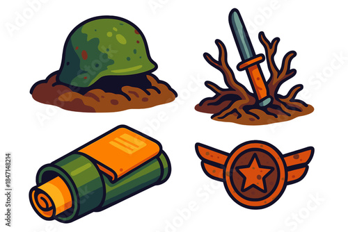 War Relic Icons. Isometric vector illustration set War Relic Discovery: Helmet in dirt, bayonet among roots, journal in canister,