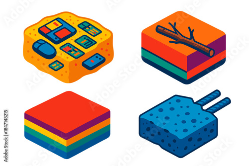 Synthetic Fossil Artifacts. Isometric vector illustration set Synthetic Fossil Formation: E-waste fused with sand, plastic