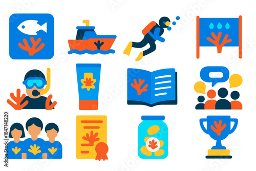 Coral Conservation Icons. Flat vector icons of coral reef conservation: marine protected area sign, reef patrol boat, conservation