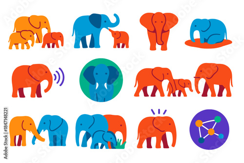 Elephant Network Icons. Flat vector icons of elephant communication networks: elephant herd, trunk gesture, ear flap signal, mud