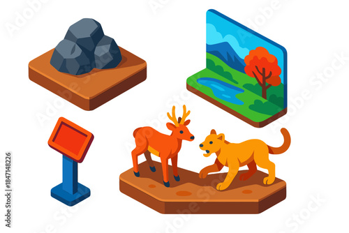 Museum Diorama Display. Isometric vector illustration set Museum Diorama Details: Rock display base, habitat backdrop, staged