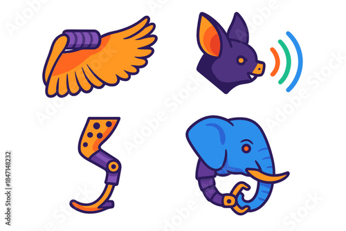 Biomechanical Innovations Icons. Isometric vector illustration set Biomechanical Adaptations: Owl wing silencer, bat echolocation