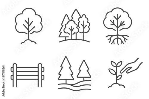 Forest Resilience Icons. Line style icons of Forest Resilience: healthy tree, diverse forest, strong root system, protective