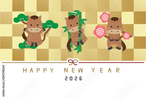 HAPPY NEW YEAR　年賀状2026　松竹梅馬　金屏風