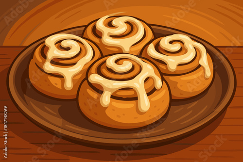 Warm Cinnamon Rolls. Freshly baked cinnamon rolls drizzled vector illustration with cream cheese frosting, served on a rustic