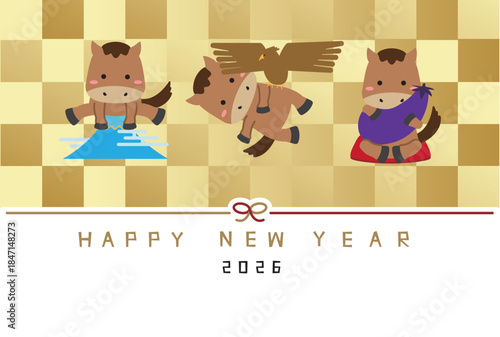 HAPPY NEW YEAR　年賀状2026　初夢馬　1富士2鷹3茄子　金屏風