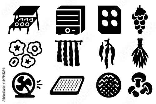 Drying Techniques Icons. Solid style icons of drying techniques: solar drying rack, dehydrator machine, parchment sheet, dried