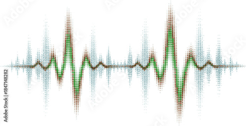 Multi colored halftone pattern from red, green, blue dots. Modern design rhythm of heart. Spectrum of sound wave, audio waveform. Abstract dotted ornament isolated on white background