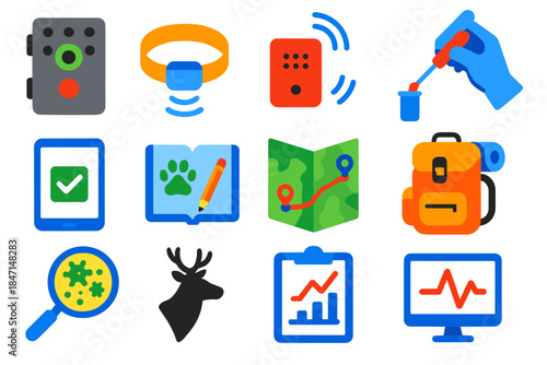 Wildlife Surveillance Icons. Flat vector icons of wildlife disease surveillance: camera trap, GPS collar, acoustic sensor, sample