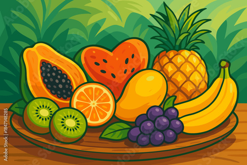 Exotic Fruit Platter. Vibrant tropical fruits arranged on a wooden platter, bright natural colors, soft natural lighting, vector