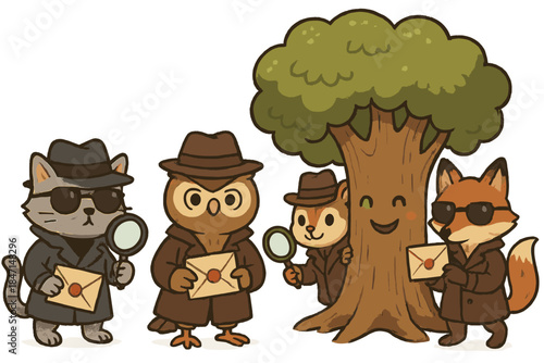 Secret Agent Animals. Secret agent animals sending coded letters, carrying magnifying glasses, and hiding in smiling trees No text