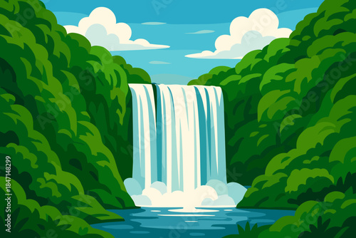 Tranquil Waterfall Vista. Scenic waterfall cascading down lush green cliffs under a vibrant blue sky, tranquil and refreshing