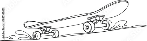 Continuous line drawing of skateboard on water, motion and speed concept