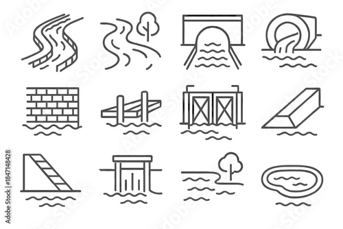 Urban Waterway Icons. Line style icons of urban waterways: canal, riverbank, bridge, culvert; channel wall, dock, lock gate, levee