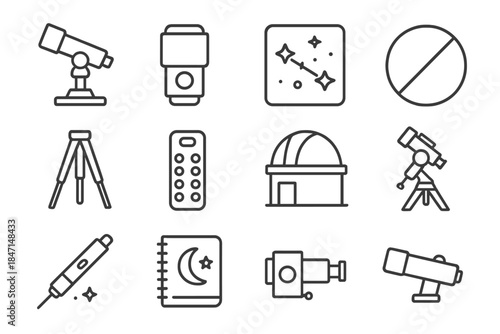 Scientific Observation Icons. Line style icons of scientific observation: telescope mount, CCD camera, star chart, lens cap;