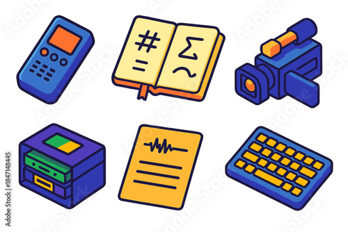 Language Tools Illustration. Isometric vector illustration set Language Documentation: audio recorder, notebook with symbols,