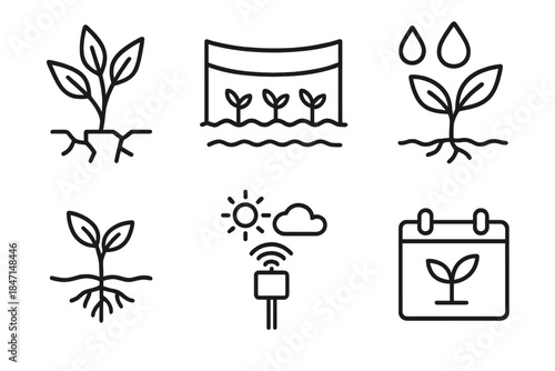 Crop Resilience Icons. Line style icons of Crop Resilience Strategies: drought-resistant variety, shaded field net, no-till icon,