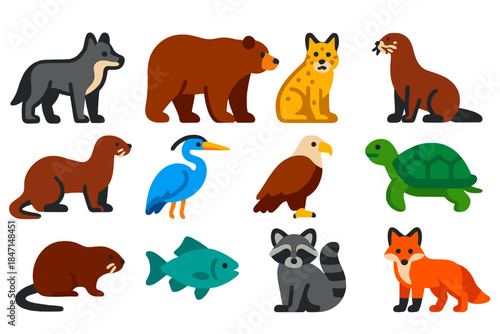 Beaver Ecosystem Icons. Flat vector icons of Beaver Predators and Neighbors: wolf, bear, lynx, otter, mink, heron, eagle, turtle,