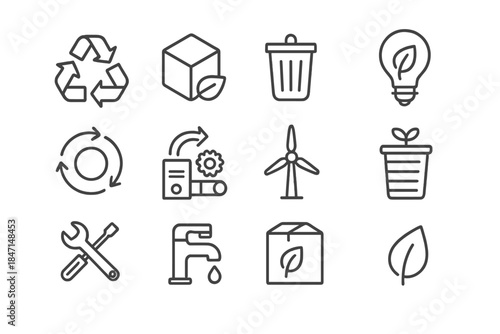 Eco Engineering Icons. Line style icons of Eco Engineering: Recycle Arrows, Sustainable Material, Waste Reduction, Product