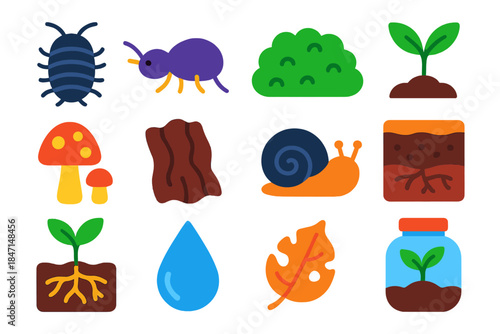Bioactive Vivarium Icons. Flat vector icons of Bioactive Vivarium: isopod, springtail, moss patch, seedling, fungal sprout, bark