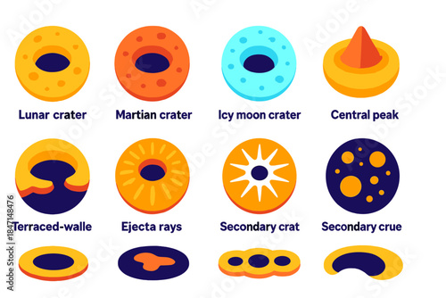 Colorful Crater Icons. Flat vector icons of planetary impact geology: lunar crater, martian crater, icy moon crater, central peak,