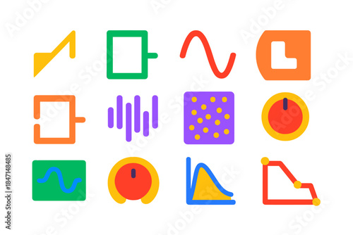 Vibrant Sound Icons. Flat vector icons of Sound Synthesis: saw wave, square wave, sine wave, triangle wave, pulse wave, white