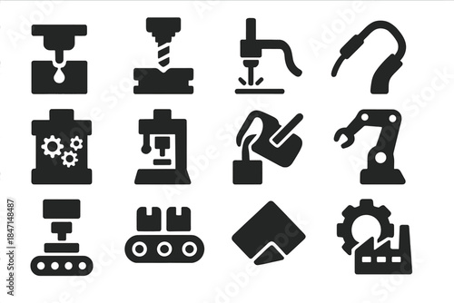 Manufacturing Methods Icons. Solid style icons of manufacturing methods: injection mold, milling cutter, laser cutter, welding
