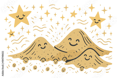 Joyful Sand Vibe. Joyful doodle nighttime booming sand scene with happy dunes, cartoon stars twinkling, smiling grains vibrating,