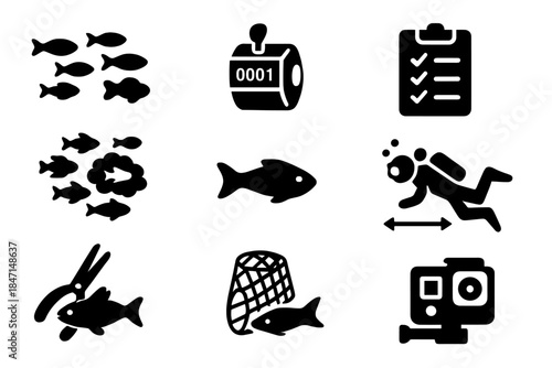 Fish Census Icons. Solid style icons of Fish census: school of fish, tally counter, recording board, shoal pattern, single
