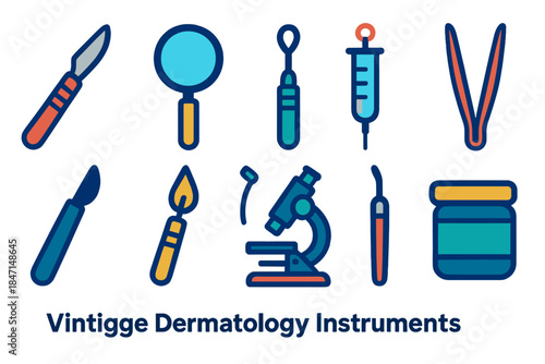 Vintage Dermatology Instruments. Flat vector icons of Vintage Dermatology Instruments: dermal scalpel, magnifying loupe, curette,