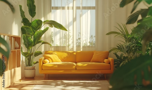 Minimalist living room setup featuring a mustard yellow sofa, pastel decor, and large indoor plants, bright natural light creating warmth