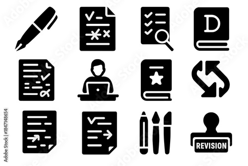 Editing Tools Icons. Solid style icons of dictionary editing: red pen, proofreading marks, editing checklist, page corrections,