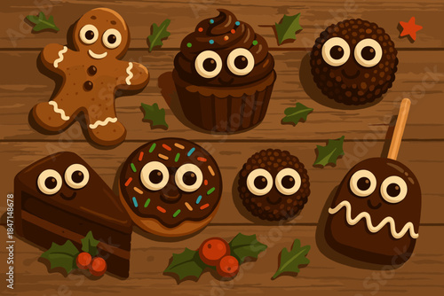 Googly-Eyed Chocolate Desserts. Playful arrangement of festive vector illustration chocolate desserts decorated with googly eyes
