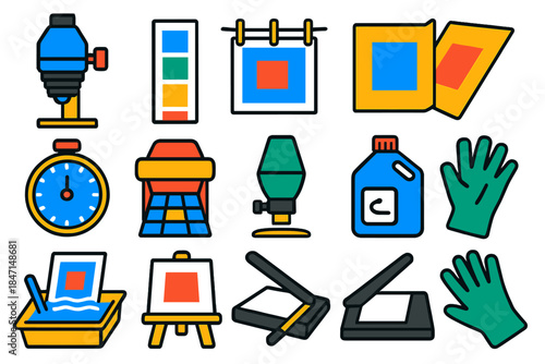 Photo Printing Icons. Flat vector icons of Photo Printing: enlarger lens, test strip, drying line, resin-coated paper, exposure