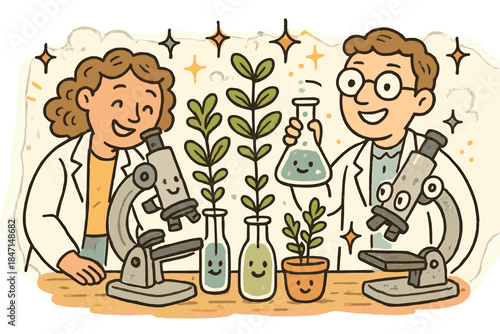 Whimsical Fusion Lab. Whimsical doodle modern-traditional fusion lab with happy scientists, smiling herbal samples, cartoon