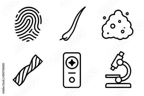 Trace Analysis Icons. Line style icons of Trace Analysis: fingerprint residue, hair strand, soil particle, fiber sample,