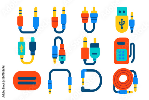 Synth Studio Cables Icons. Flat vector icons of Synth Studio Cables: 3.5mm jack, 6.35mm jack, RCA cable, MIDI cable, USB cable,