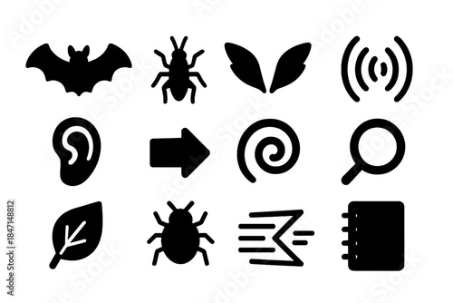 Predator Signal Icons. Solid style icons of predator exploitation of signals: bat, cricket, wings, sound wave, ear, arrow, spiral,
